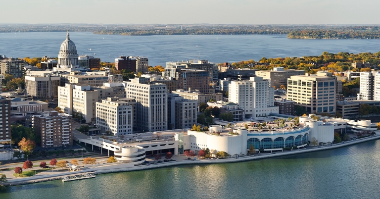 Overhead view of the Madison isthmus incuding the Monona Terrace