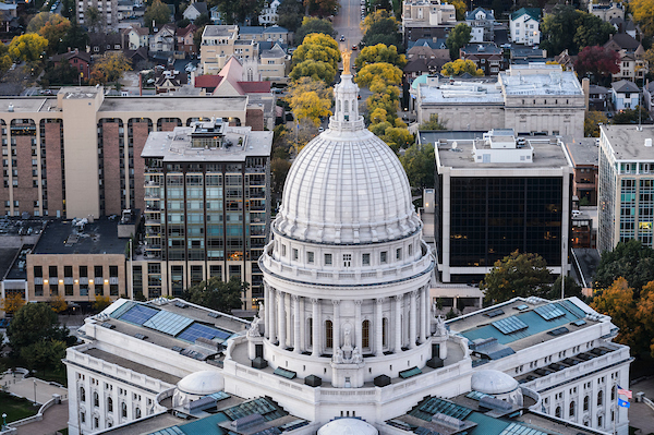 An aerial view of the Wisconsin Capitol