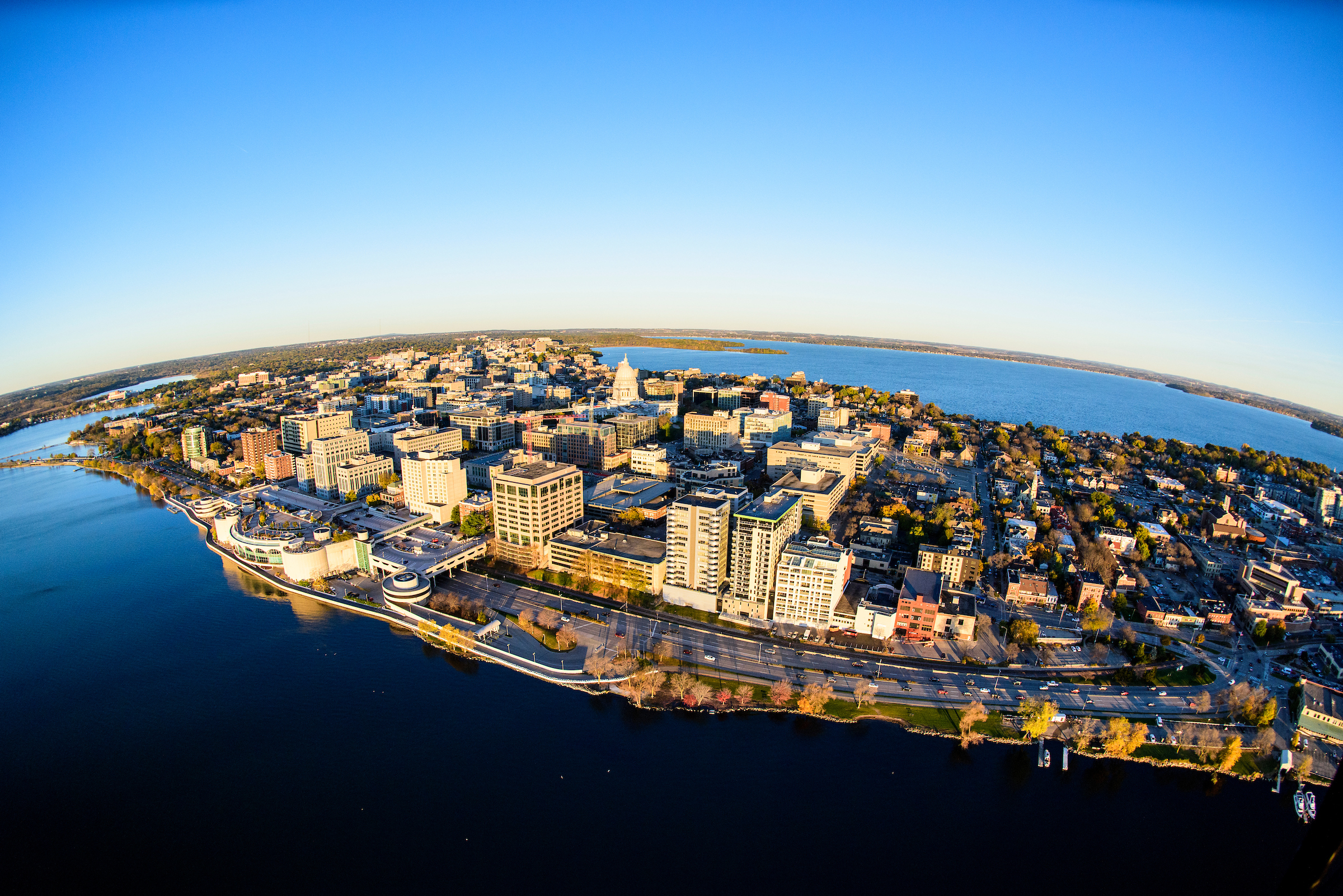 An aerial view of Lake Mendota and Lake Monona, along with downtown Madison.