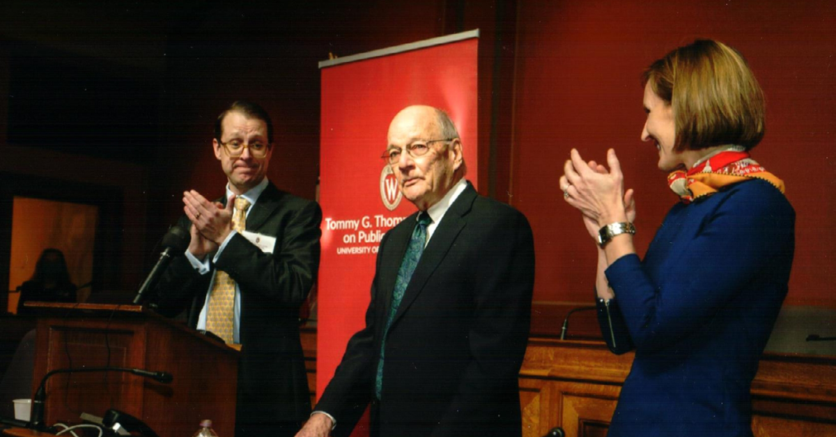 Bob Lang receives applause after being awarded the inaugural Tommy G. Thompson Distinguished Public Leadership Award at a special event