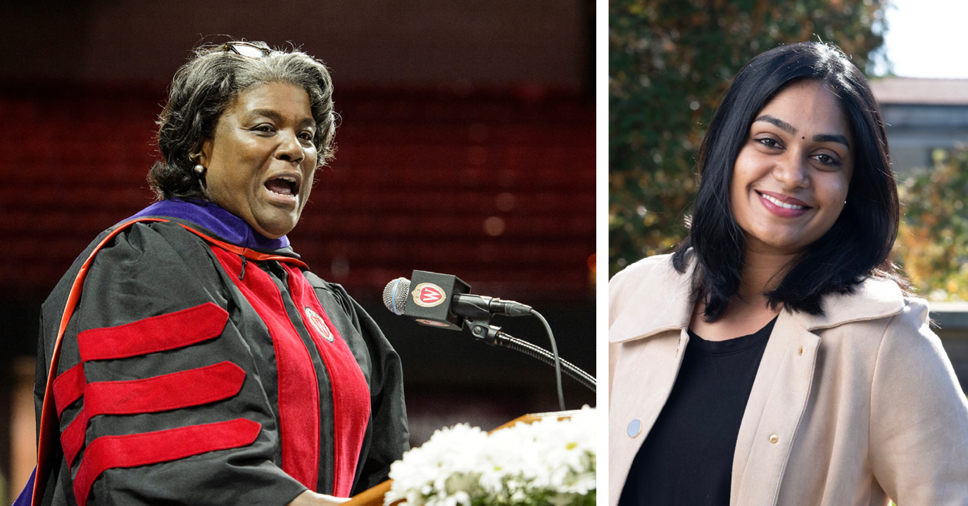 Photo of U.S. Ambassador to the United Nations, Linda Thomas-Greenfield, and graduating La Follette School student Indu Kilaru