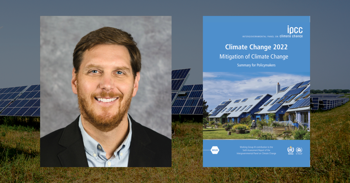 Photo of Professor Greg Nemet and the cover of the 2022 IPCC Mitigation of Climate Change report