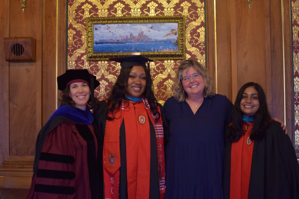Professor Tana Johnson, Carte’cia Lawrence, Graduate Program Manager Mo O’Connor, and Indu Kilaru after the ceremony