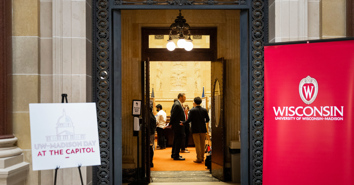 Graduate students present information about their research projects to legislators and staff during UW–Madison Day at the Capitol, a University of Wisconsin–Madison advocacy and outreach event held at the Wisconsin State Capitol on April 27, 2022.