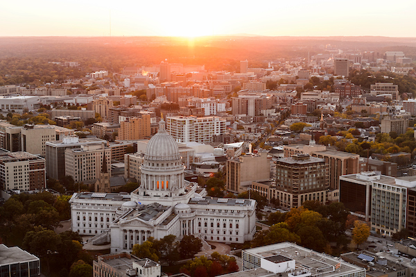 The Wisconsin State Capitol and the State Street corridor leading to the University of Wisconsin–Madison.