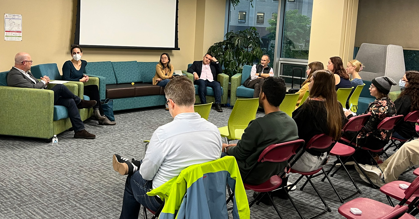 Mark Copelovitch (left) addresses fellow panelists Sarah Halpern-Meekin, Kayla Huynh, Justin Syndor, and J. Michael Collins.