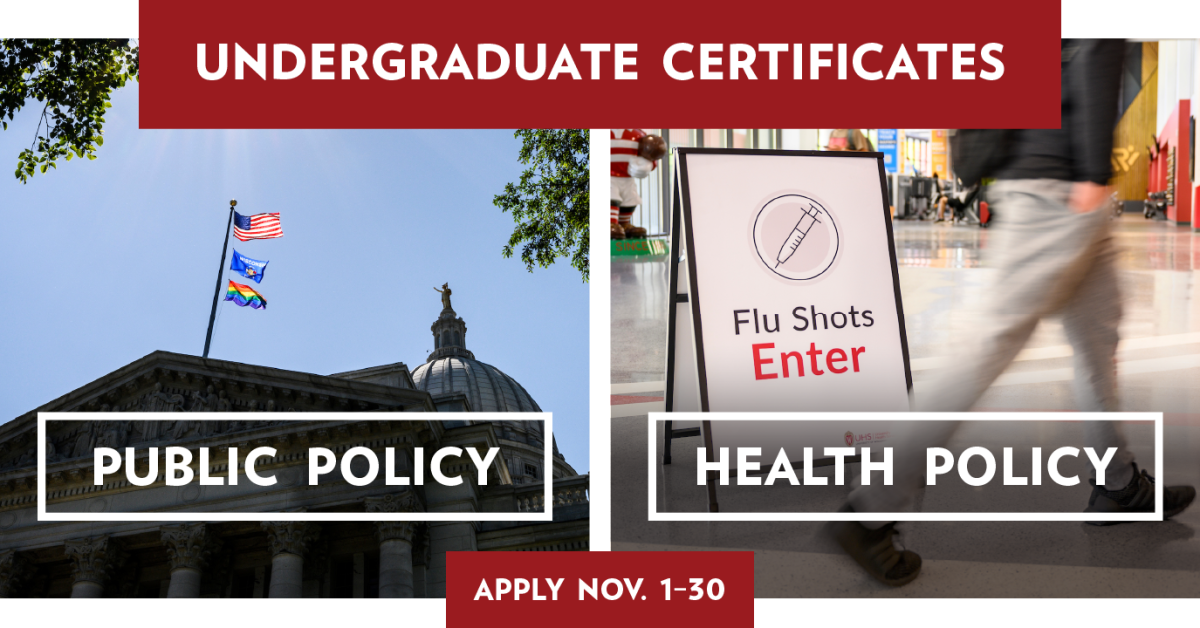 Photos of the Wisconsin State Capitol and a sign for a flu shot clinic.