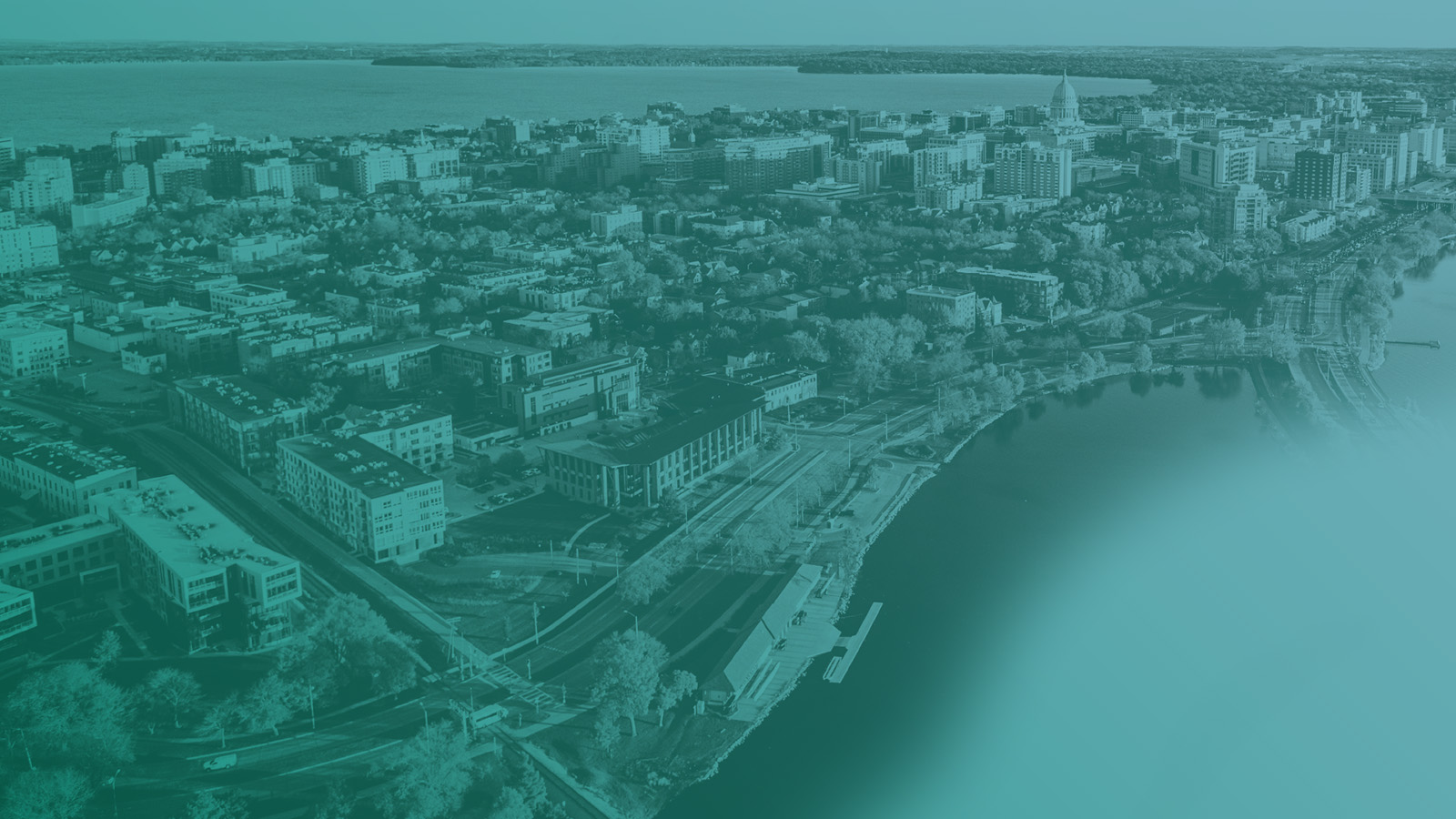 Aerial view of Madison's isthmus from Monona Bay.