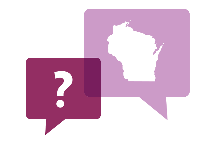 A speech bubble with a question mark overlaps with a speech bubble with a silhouette of Wisconsin.