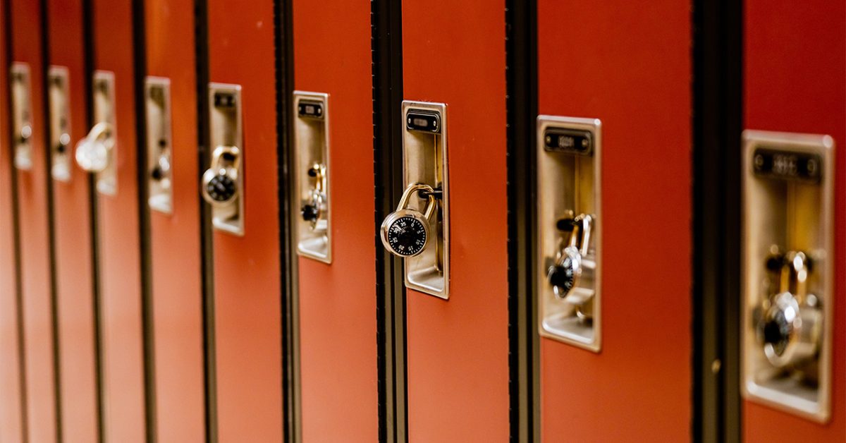 Photo of red school lockers