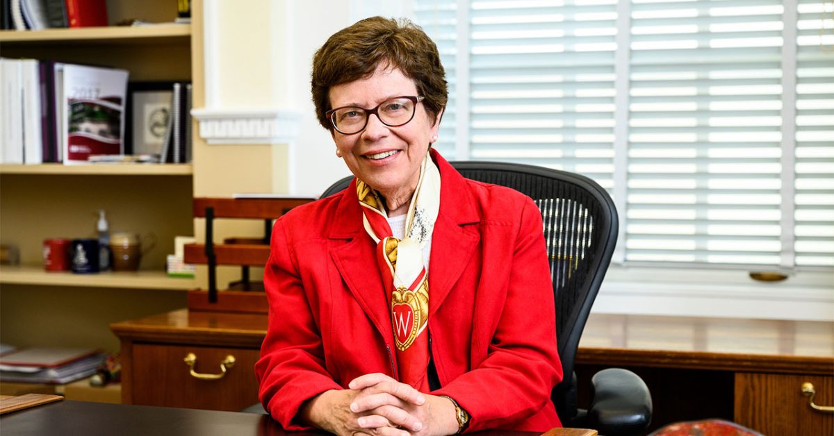 Chancellor Emerita Rebecca Blank sits at her desk.