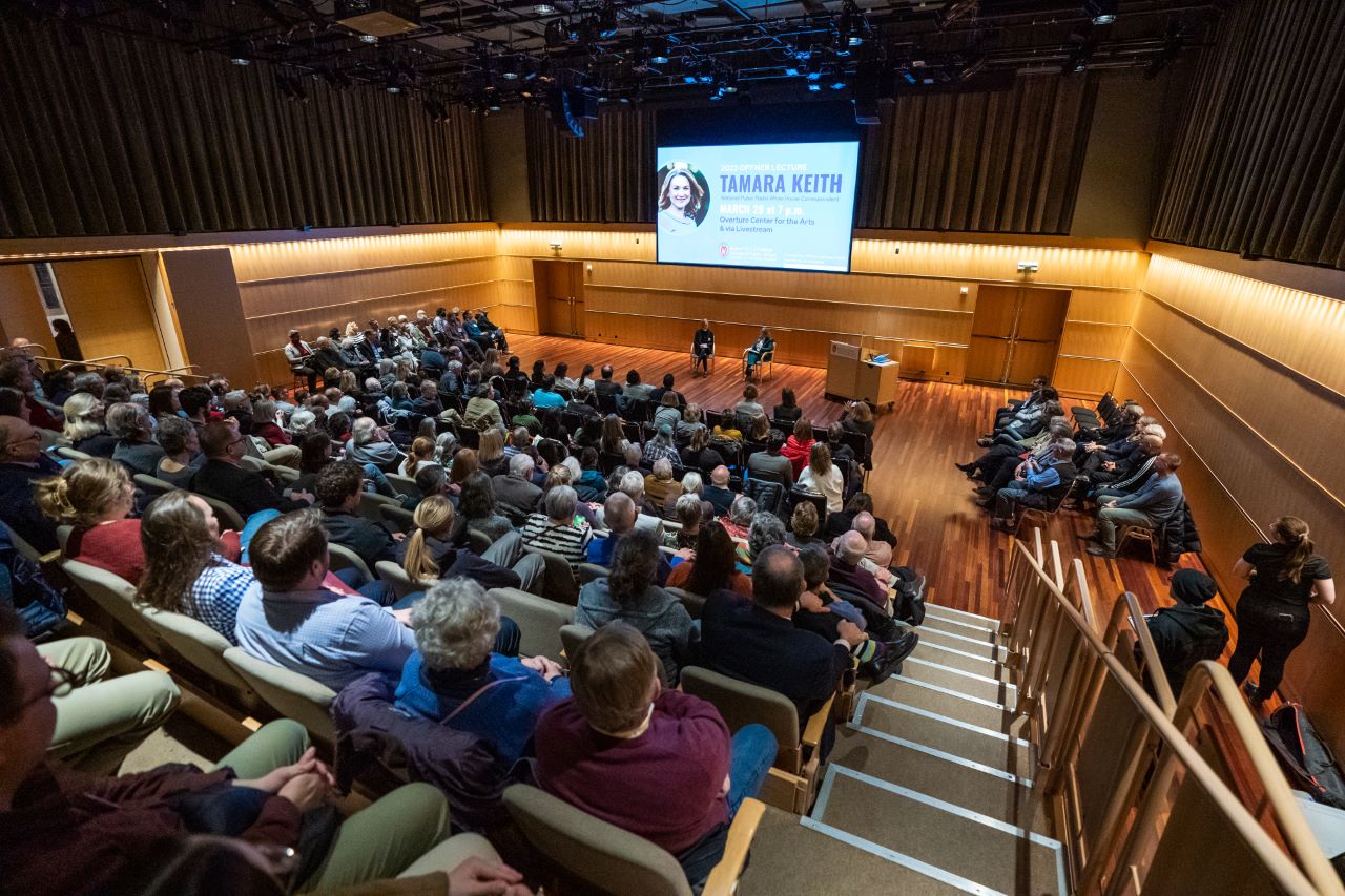 The crowd watches the Q&A session in Madison's Overture Center