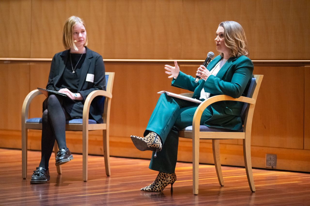 Amelia Wagner and Tamara Keith sit in chairs during the Q&A session