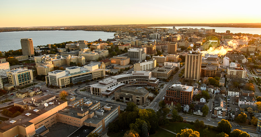 Aerial photo of UW–Madison's campus.