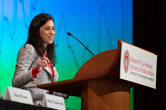 Catharine Rampell speaks at a podium.