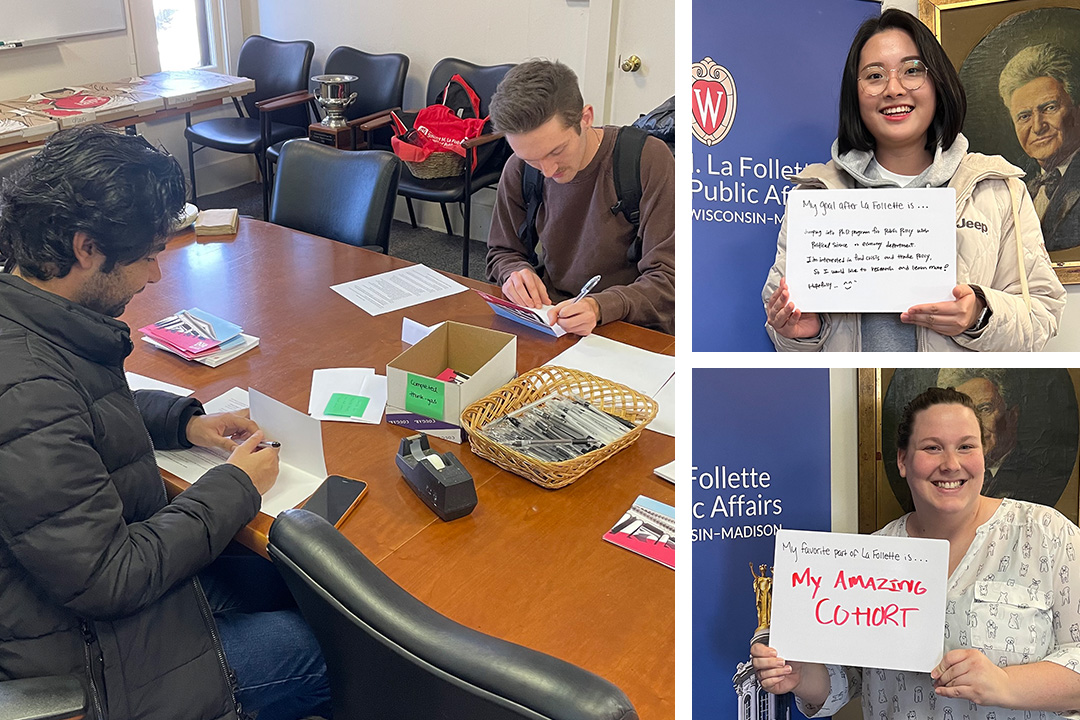 Photos of students writing cards and posing for pictures with signs