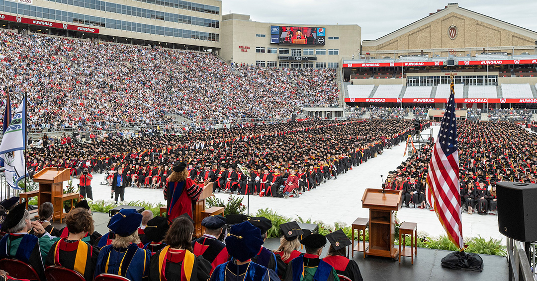 Chancellor Jennifer Mnookin addresses the crowd during UW–Madison's spring commencement ceremony at the Camp Randall Stadium