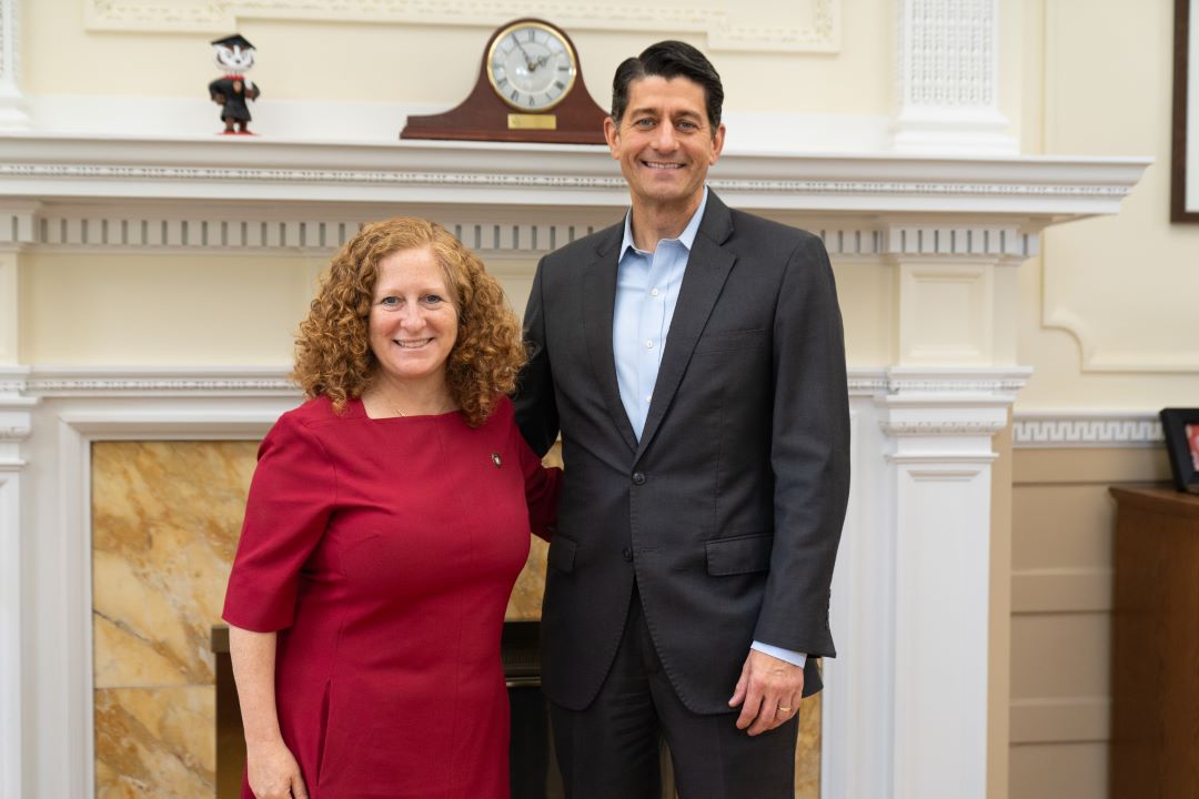 Paul Ryan and Chancellor Jennifer Mnookin pose for a photo in Bascom Hall