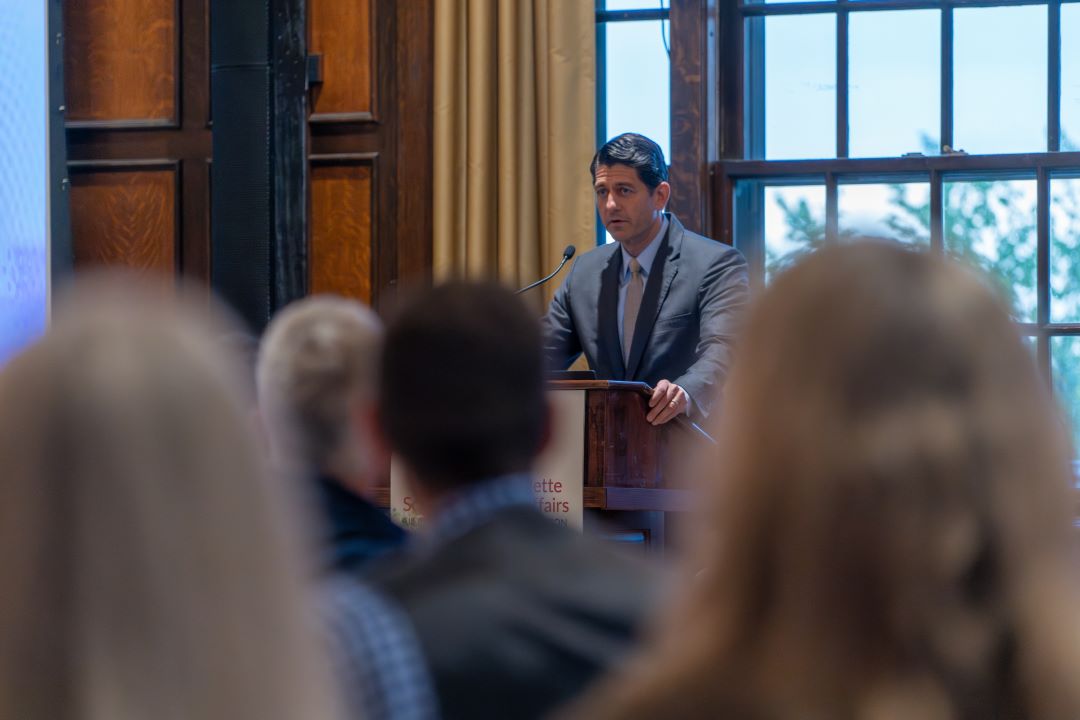 Paul Ryan addresses a crowd in the Memorial Union's Tripp Commons