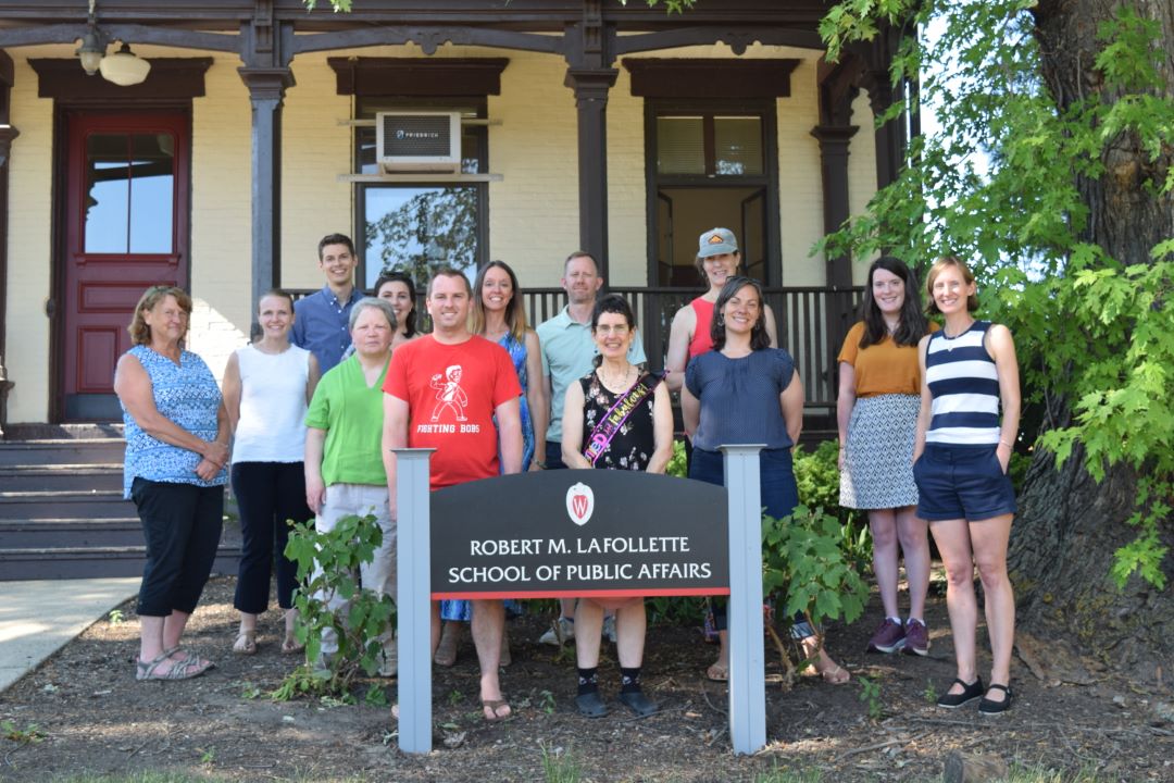 La Follette School staff pose for a group photo outside the house on Observatory hill.