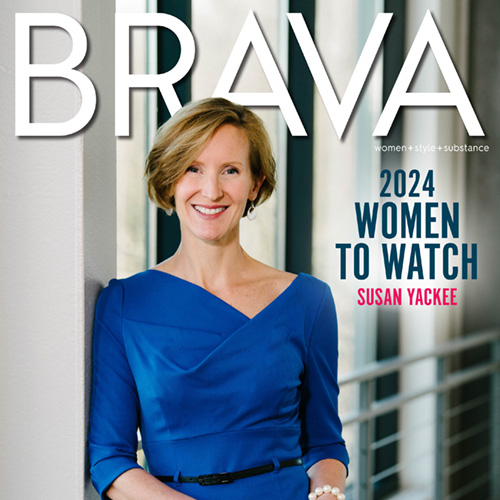 Susan Yackee poses on the cover of BRAVA magazine. Text reads "Brava. Women, plus style, plus substance. 2024 Women to Watch, Susan Yackee."