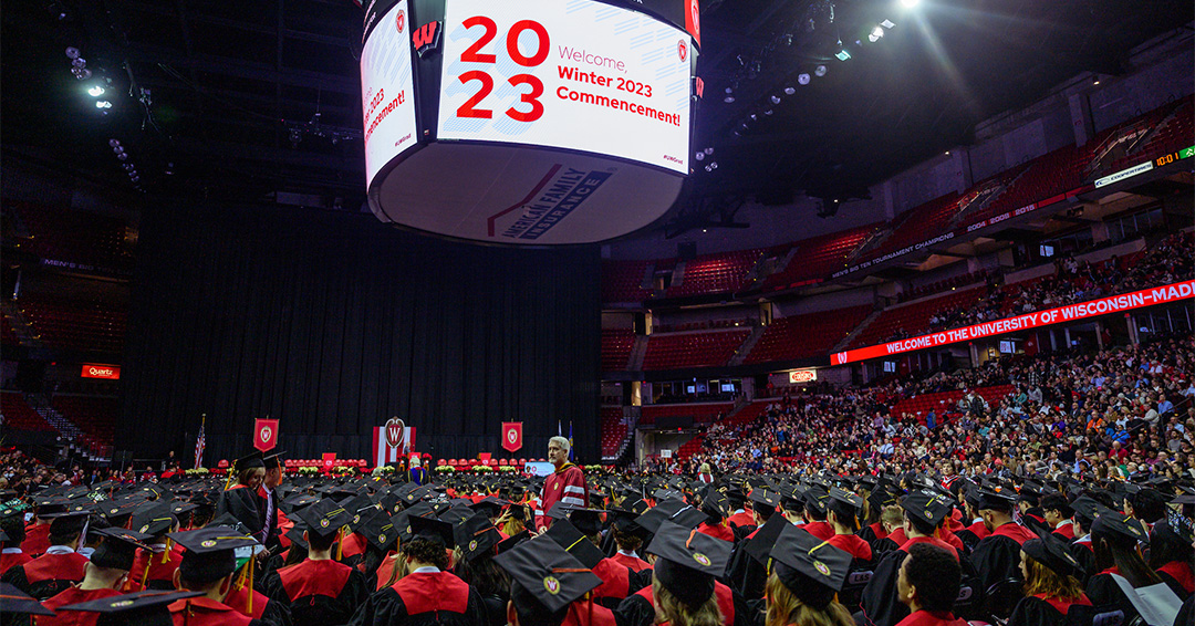 The Kohl Center is full of graduates and their families and friends moments before the start of the winter commencement ceremony at the University of Wisconsin–Madison on December 17, 2023.