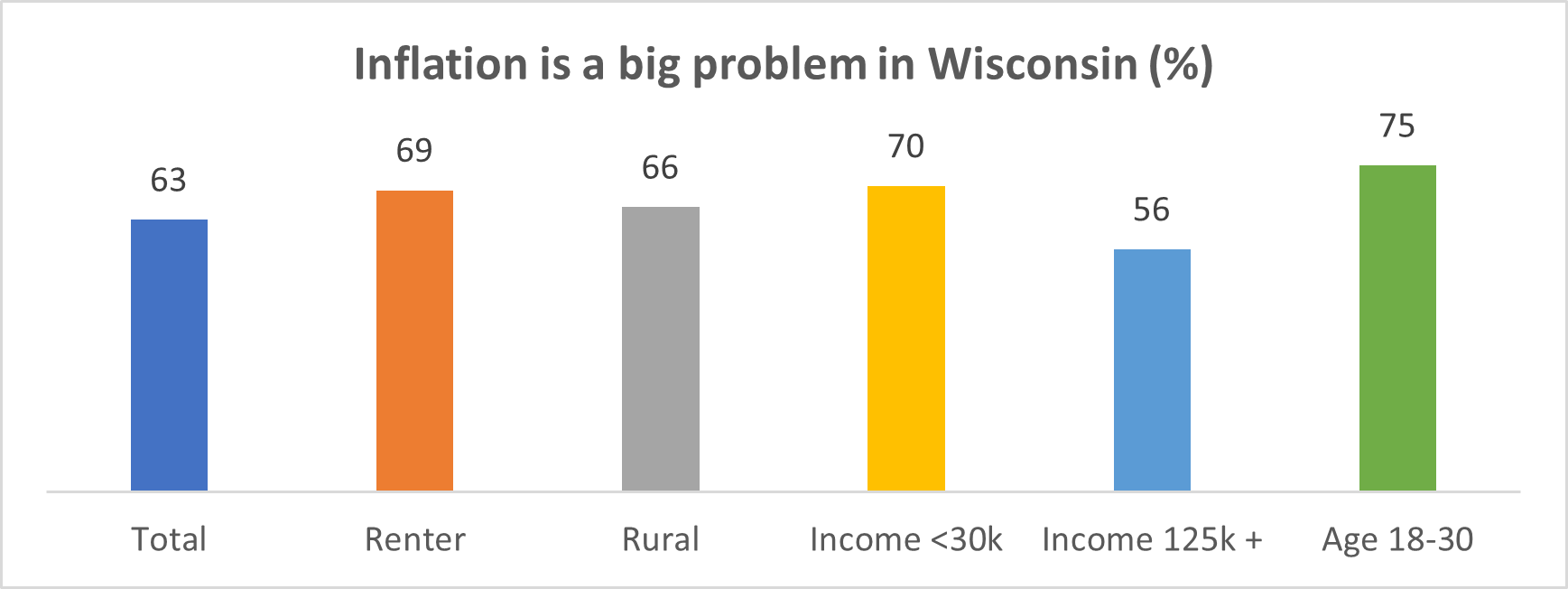 Bar graph showing how many Wisconsin residents surveyed believe that inflation is a big problem in Wisconsin. Percentages are as follows, total surveyed: 63%, renters: 69%, rural: 66%, income less than $30,000: 70%, income more than $125,000: 56%, age 18 to 30: 75%.