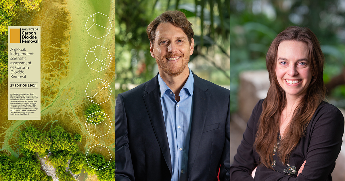 The cover of the 2024 State of Carbon Dioxide Removal Report next to headshots of Greg Nemet and Morgan Edwards
