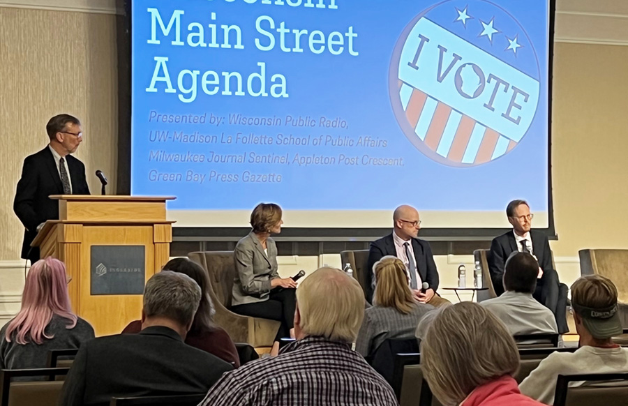 La Follette School faculty present during a town hall in Pewaukee, Wisconsin.