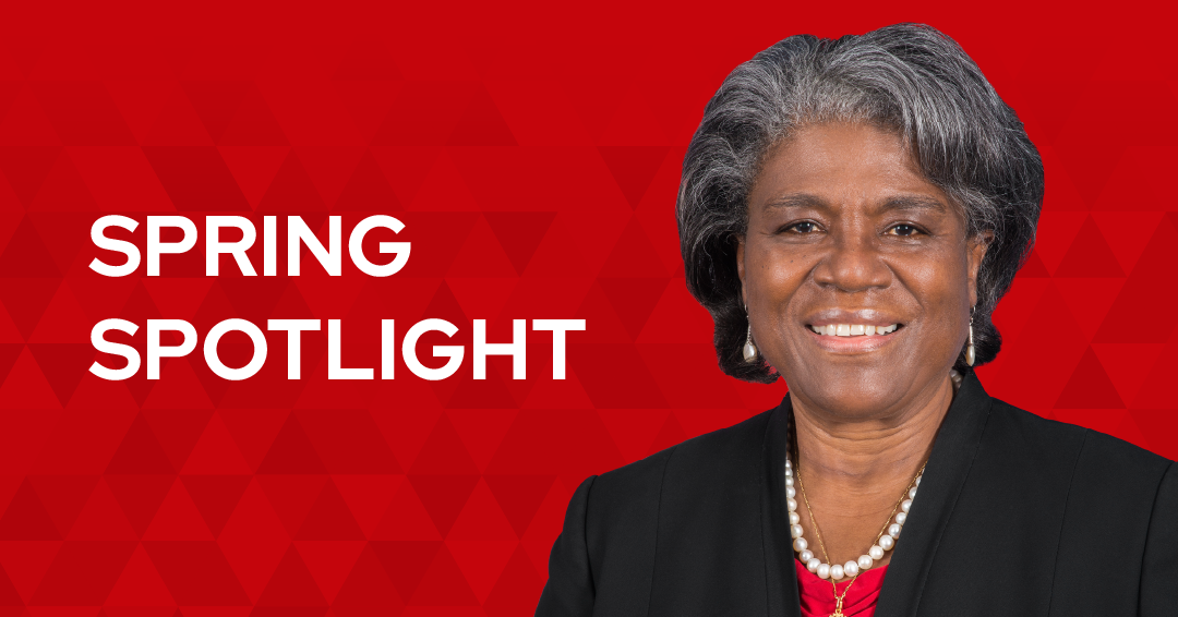 Portrait of Linda Thomas-Greenfield with the text "Spring Spotlight" and a red patterned background
