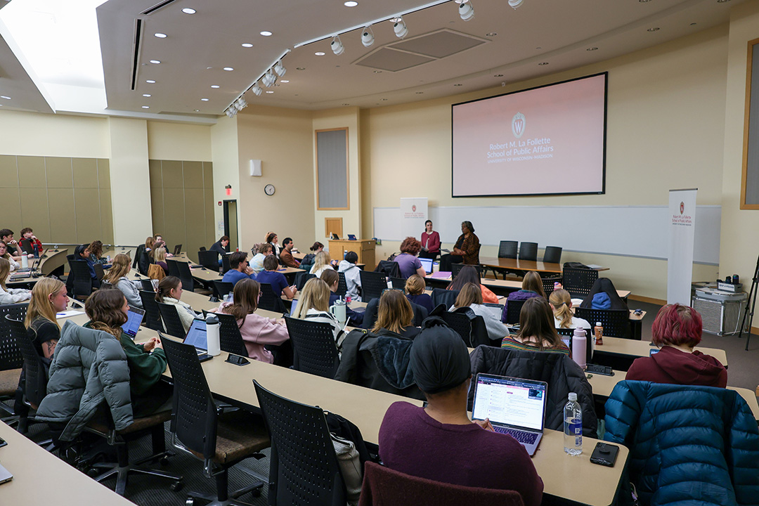 Ambassador Linda Thomas-Greenfield participating in a moderated discussion in an undergraduate class