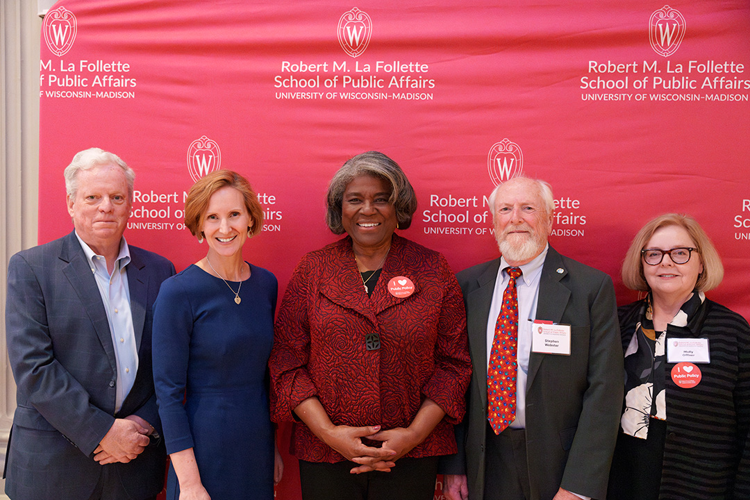 Director of the La Follette School Susan Webb Yackee, Molly Offner representing the Offner Lecture Series, Board of Visitors member Kevin Hayden, Ambassador Thomas-Greenfield, and Stephen Webster, who was the recipient of the Alumni of Distinction Award