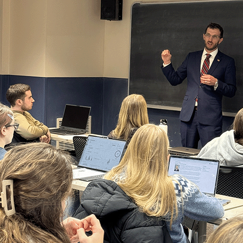 Representative Tranel speaks to class