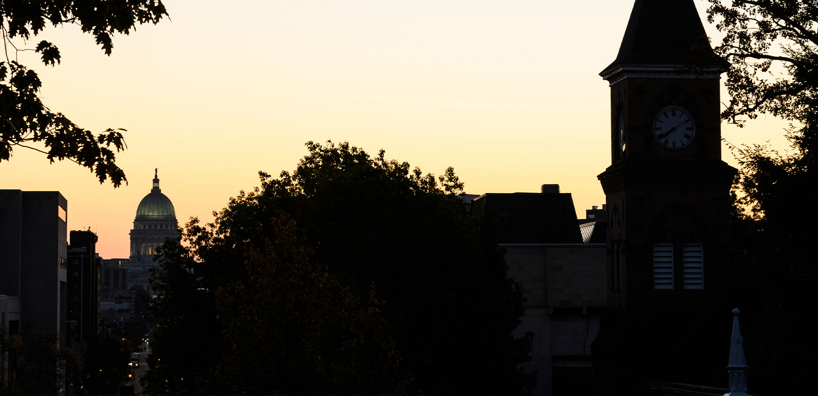 Music Hall and the Wisconsin State Capitol as seen from Bascom Hill at sunrise.