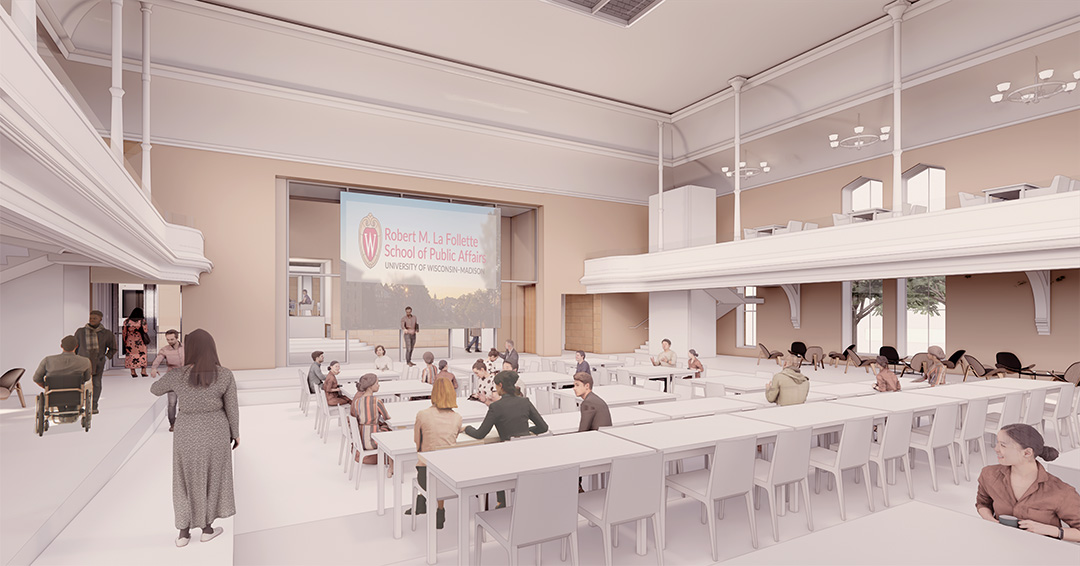 Rendering of the interior of Herb Kohl Hall showing people gathering in a large assembly room.