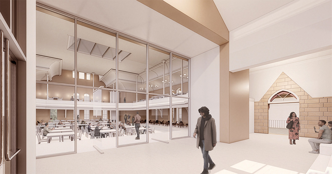 Rendering of the interior of Herb Kohl Hall showing students walking in a hallway with an auditorium behind.