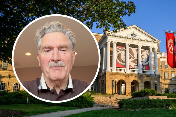 Photo of Bascom Hall with a portrait of Tony Carroll.